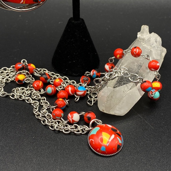 Bright Red Abstract Papparazi Necklace & 2 Pairs Earrings Set - Picture 8 of 12